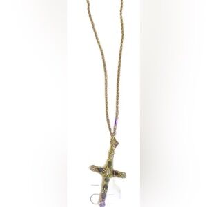 Gold Cross Pendant Necklace with Dark Black Stones. Faux Gold Stainless Steel.
